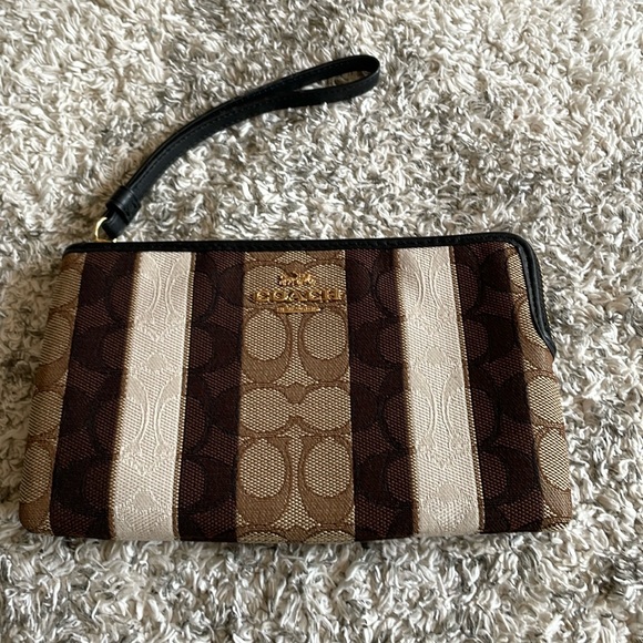 Coach Brown and Cream Striped Wristlet - Picture 1 of 10
